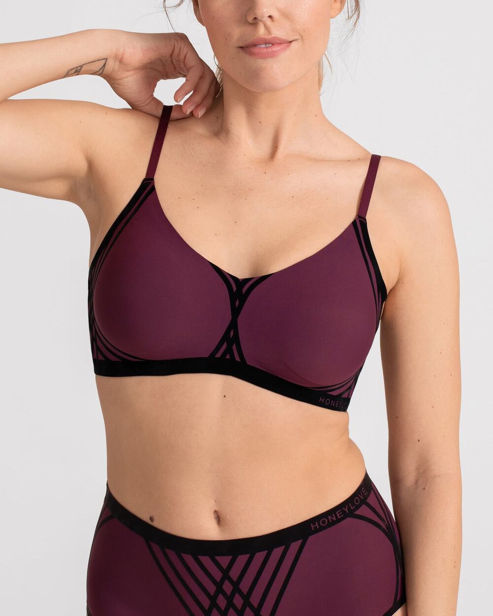Honeylove Wireless Silhouette Bra Two-Tone Black/Fig Buttery Soft Adjustable
